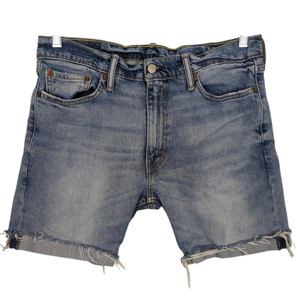 Levi's 513 Cutoff Blue Denim Jean shorts Womens W32 Distressed Frayed Hem